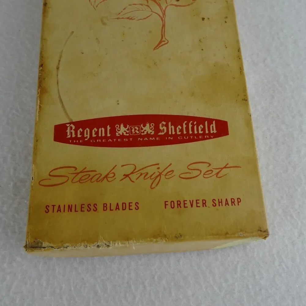 6 REGENT SHEFFIELD Steak Knives Stainless Blade Faux Antler Handle Original Box